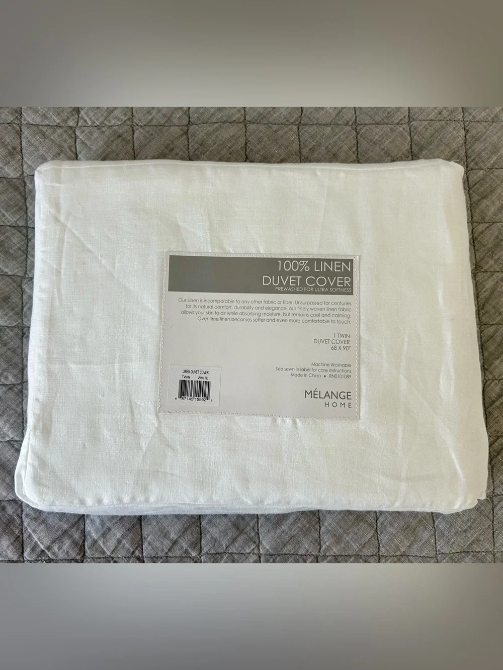 Mélange Home White 100% Linen Twin Duvet Cover 68x90 New in Original Pouch